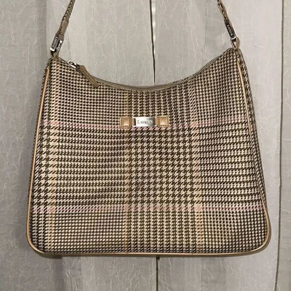 Lauren Ralph Lauren Handbags - LRL Ivory Tan White Pink Gold Houndstooth Leather Silver Tone Hardware Hobo Bag